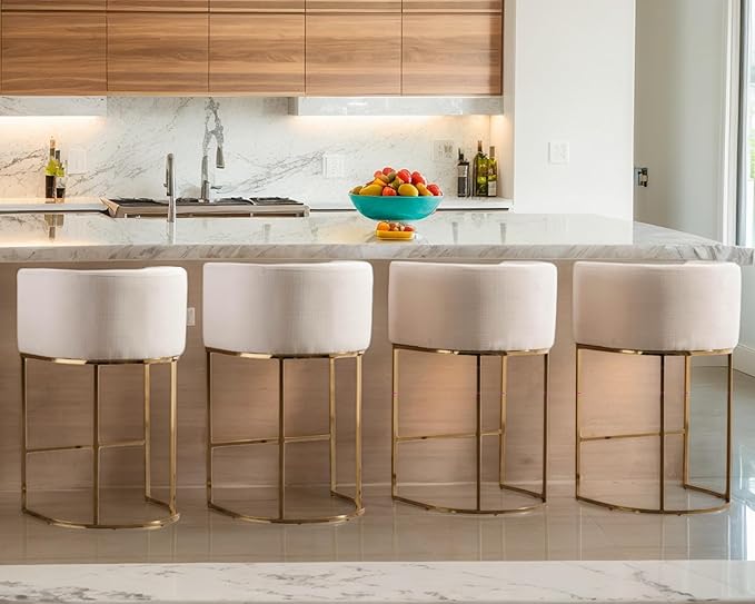 Contemporary Cream Linen Bar Stools Set of 4, 29" Upholstered Fabric Counter Height Barstools Kitchen Counter Island Stools with Screwed Together Golden Metal Base