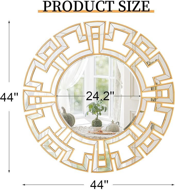 Chende Large Gold Mirrors for Decor, 44'' Round Wall Mirrors for Dining Room Entryway, Elegant Decorative Mirror with Wooden Frame for Living Room, Bedroom, Fireplace