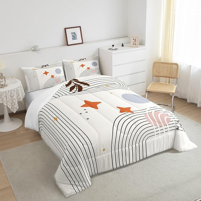 Erosebridal Abstract Red Sun Comforter Set Twin Geometric Lines Bedding Set, Aesthetic Bedding Comforter Sets Vintage Minimalist Duvet, Modern Quilted Comforter Luxury Grey Circle Room Decoration