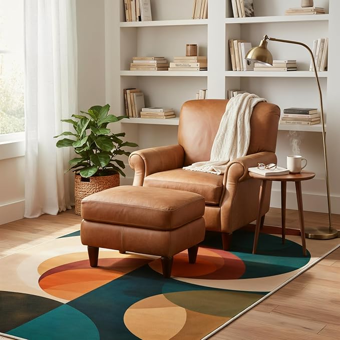 Mid Century Geometric Area Rug 5x8 – Retro Abstract Circle Pattern Rug for Living Room & Bedroom, Low Pile Washable Indoor Rug with Non-Slip Backing