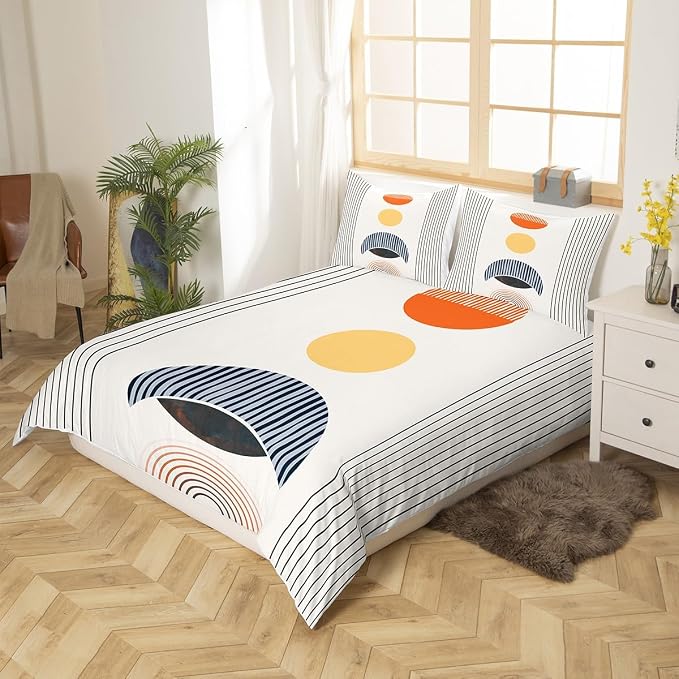 Erosebridal Modern Moon Print Bed Set Mid Century Duvet Cover, Abstract Art Bedding Set Full Geometric Stripe Comforter Cover, Aesthetic Bed Cover (Zipper Closure)