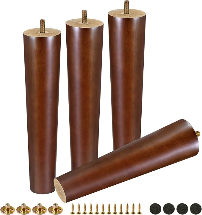 FoDau770 Brown Rubber Wood Furniture Legs 10 Inches, Straight Tapered Wood Feet Mid Century Sofa Legs Set of 4, 5/16" UNC Furniture Feet for Cabinet Couch Dresser Chair Ottoman Table