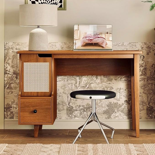 Vintage Style Desk with Storage Space and Drawer, Mid-Century Modern for Small Space