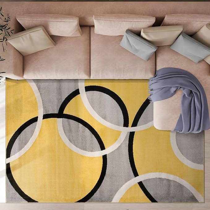 Rugshop Contemporary Abstract Circles Area Rug, Fade-Resistant Carpet for Living Room, Bedroom, or Home Office, Yellow, 5'3" x 7'3"