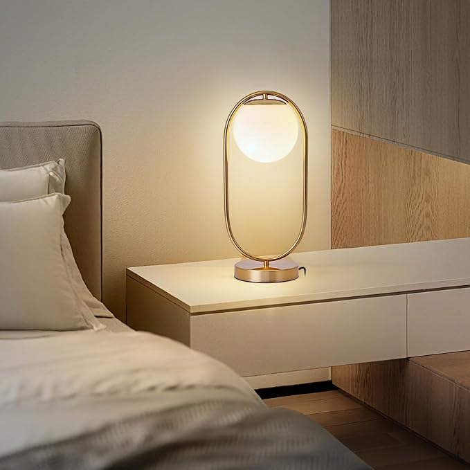 NKU Mid Century Modern Table Lamp, Boho Vintage Glass Globe Lamp with LED Bulb, Bedside Nightstand Light for Bedroom Farmhouse Office Desk