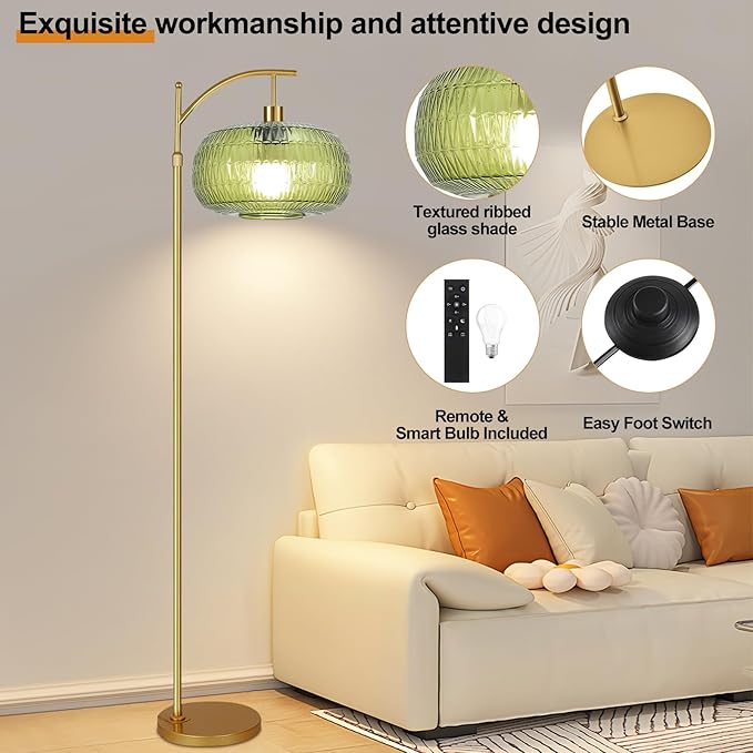 Glass Floor Lamp for Living Room,Bedroom,Gold Mid Century Modern Standing Lamp with Remote,Dimmable Brass Tall Lamp Vintage Retro Green Arc Flower Floor Light Boho Bohemian