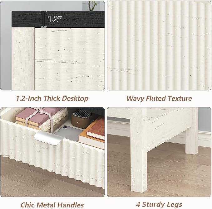 YOMILUVE Fluted Computer Desk with 2 Drawers, 39 Inch Small Computer Desk with Storage, Compact Writing Study Desk for Small Spaces, Black and White