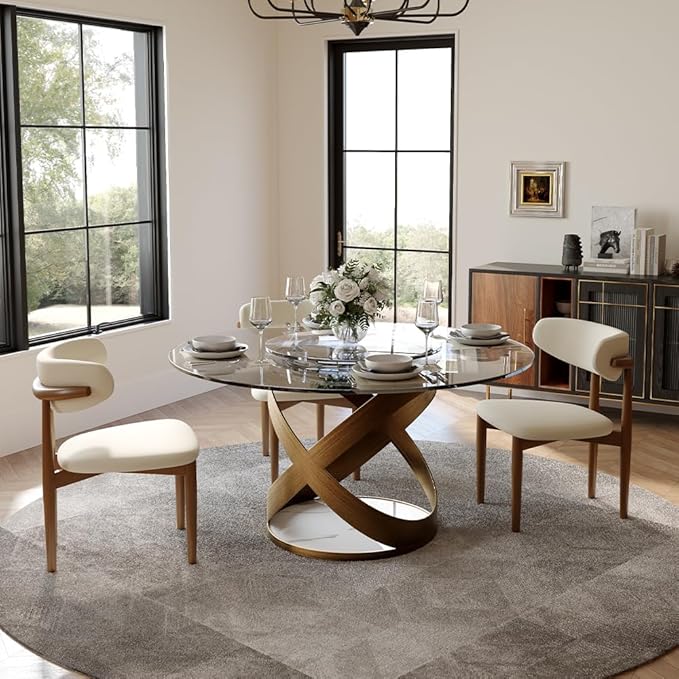 POVISON 51" Modern Round Dining Table with Lazy Susan, Glass Round Kitchen Table for 4, Tempered Glass Dining Room Table top with Bronze X Carbon Steel Base (Dining Table Only)