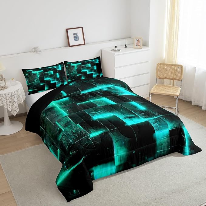Teal and Black Bedding King 3D Glowing Buffalo King Comforter Set, Modern Abstract Art Bedding Comforter Sets Geometric Plaid Duvet Insert, Gradient Futuristic Cubes Down Comforter (Black Reversible)