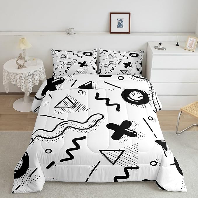 Manfei Memphis Comforter Set King Size, Retro 80s 90s Fashion Style Quilt Set with 2 Pillowcases, Geometric Black White Bedding Set 3pcs for Kids Boys Room Decor Lightweight Duvet Insert