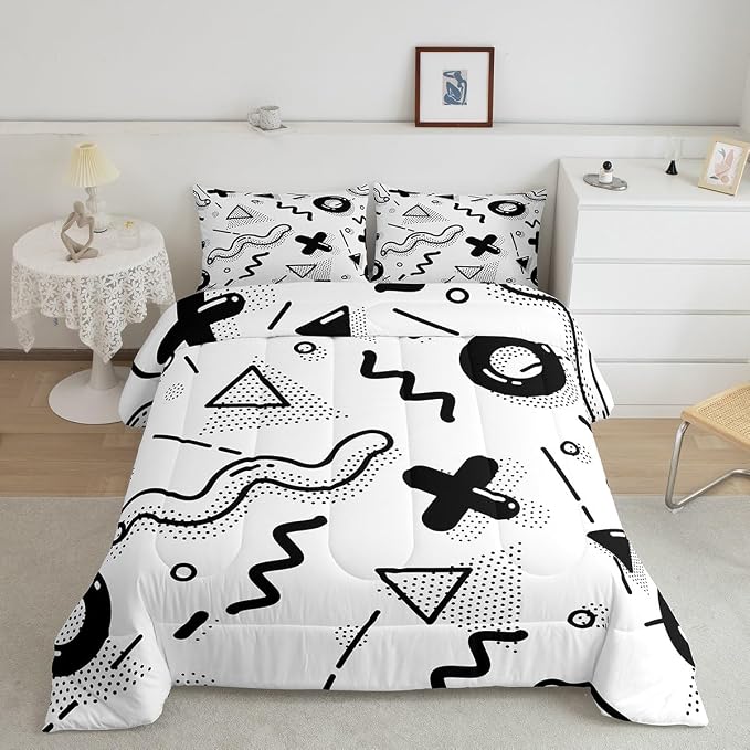 Manfei Memphis Comforter Set Full Size, Retro 80s 90s Fashion Style Quilt Set with 2 Pillowcases, Geometric Black White Bedding Set 3pcs for Kids Boys Room Decor Lightweight Duvet Insert