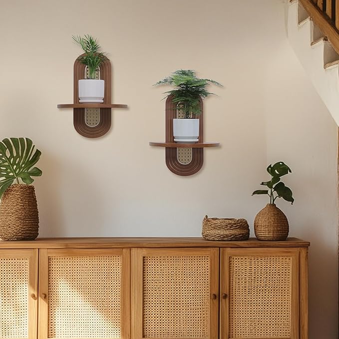 Floating Shelves for Wall, Boho Rattan Plant Shelf Set of 2, Mid Century Small Decorative Shelf Wall-Mounted, Natural Wood Shelves for Living Room,Bedroom,Nursey Room (Walnut)