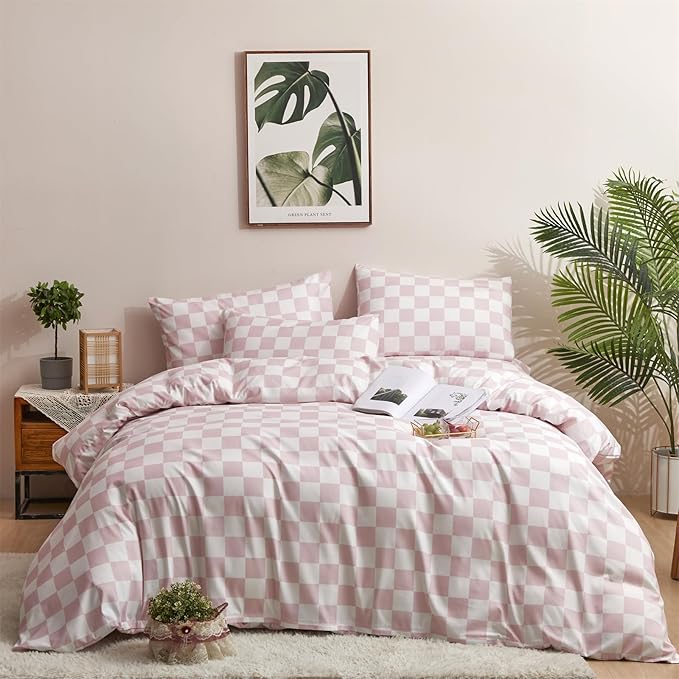 Pureant Pink White Plaid Comforter Sets Twin Women Men Bean Pink and White Checkerboard Grid Bedding Comforters Cotton Boys Girls Modern Dusty Pink Checkered Geometric Quilts Luxury Abstract Bed