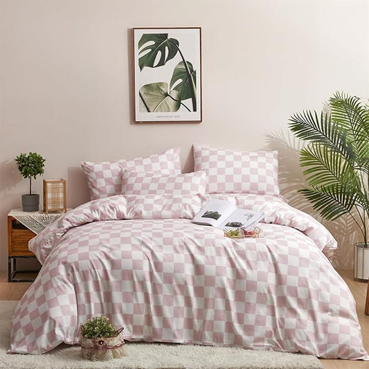 Pureant Pink White Plaid Comforter Sets Twin Women Men Bean Pink and White Checkerboard Grid Bedding Comforters Cotton Boys Girls Modern Dusty Pink Checkered Geometric Quilts Luxury Abstract Bed