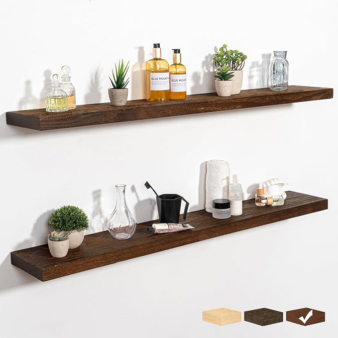 RICHFOCUS Rustic Wooden Floating Shelves for Wall - 48 Inch Wood Shelves Set of 2-7.9 Inch Deep Solid Paulownia Wood Wall Mounted Shelves with Upgraded Metal Brackets for Room Decor, Mahogany