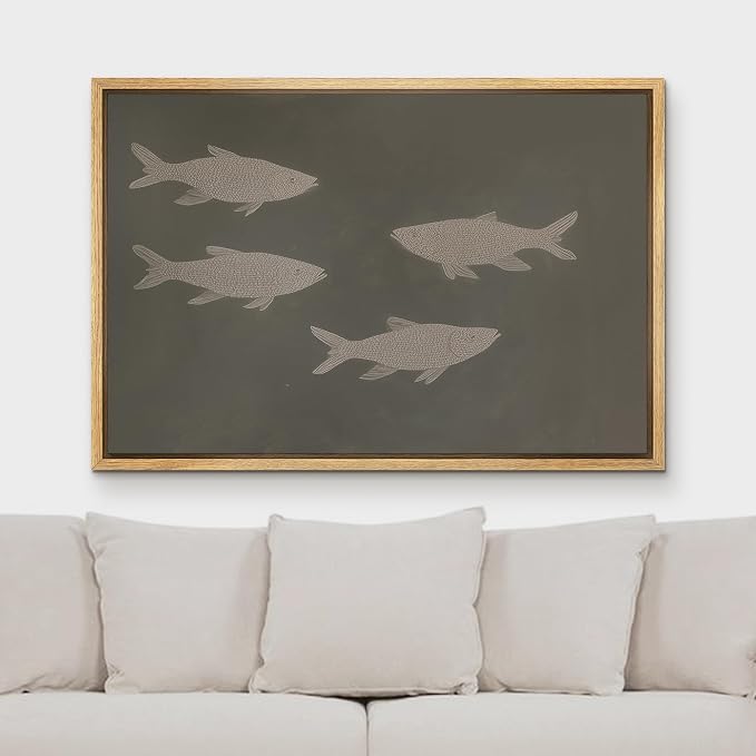 MUDECOR Framed Canvas Print Wall Art Abstract Minimalist Fish Line Illustrations Minimalism Decorative Bohemian Colorful Zen for Living Room, Bedroom, Office - 16"x24" NATURAL