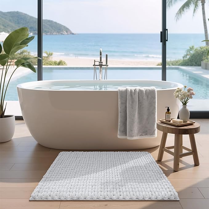 LUMI Luxury Bathroom Rug, Ultra Soft Quick Dry Bath Mat, Non-Slip Absorbent Thick Chenille Bath Rug, Cozy Braid Design Floor Mat for Bathtub, Sink, Laundry, Bedroom, White, 17"x30"