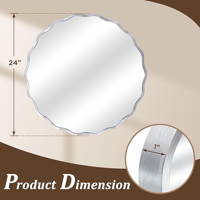 Silver Round Mirror for Wall, 24"x24" Decorative Wavy Bathroom Mirror with Brushed Alloy Steel Frame & Shatter-Proof Glass, Hanging Circle Wall Mirrors for Bathroom, Entryway, Bedroom
