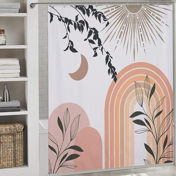 Mid Century Abstract Boho Shower Curtains Geometric Leaf Sun Minimalist Modern Cafe Washable Waterproof Fabric for Bathroom Decor Bathtub with 12 Hooks 72x72in (183x183cm)
