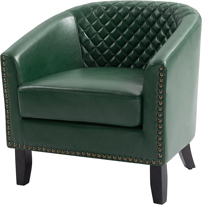 UIXE Faux Leather Barrel Accent Chairs Set of 6, Modern Club Upholstered Arm Chair, Comfy Armchair Nailed Trim Living Room Single Sofa Reading Seat Bedroom Side Sitting for Office, Green