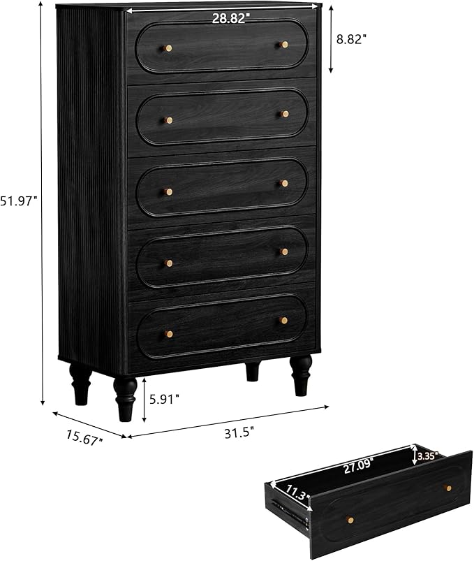 ORRD Fluted 5 Drawer Dresser for Bedroom, Mid Century Modern Chest of Drawers, Wood Storage Large Dresser Organizer for Bedroom Living Room Hallway Closet, Black