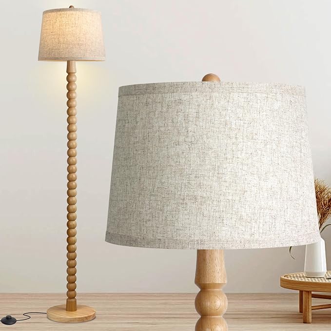 Real Wood Floor Lamp for Living Room,Real Wood Standing Lamp with 3 Color Changing Bulb Included, Tall Lamp with Linen Shade,Farmhouse Floor Lamp for Living Room,Bedroom,Corner,Dining Room and Office