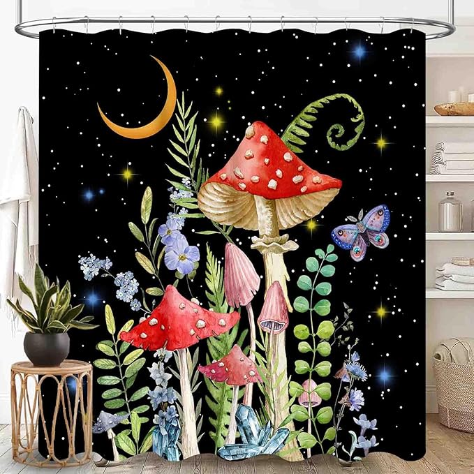 Mushroom Shower Curtain for Bathroom, Magic Gothic Fairy Forest Botanical Vintage Mushroom Wildflower Plants Herbs Farmhouse Country Waterproof Fabric Shower Curtain Set with Hooks, 72"x72" Inch
