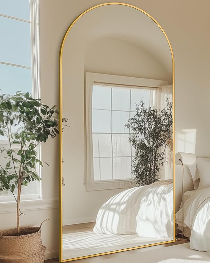 Full Length Mirror with Stand, 78"x38" Arched Full Body Mirror, Large Stand Up Mirrors, Aluminum Frame Floor Standing Mirrors, Freestanding Hanging Leaning Mounted for Bedroom Living Room, Gold
