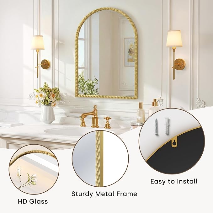 Uniclinens Gold Arched Mirror Decor - Large Vintage Mirror Decor with Twisted Rope Metal Frame,Antique Mirror for Fireplace, Living Room, Hallway, Bathroom,Entryway, 24"X36"
