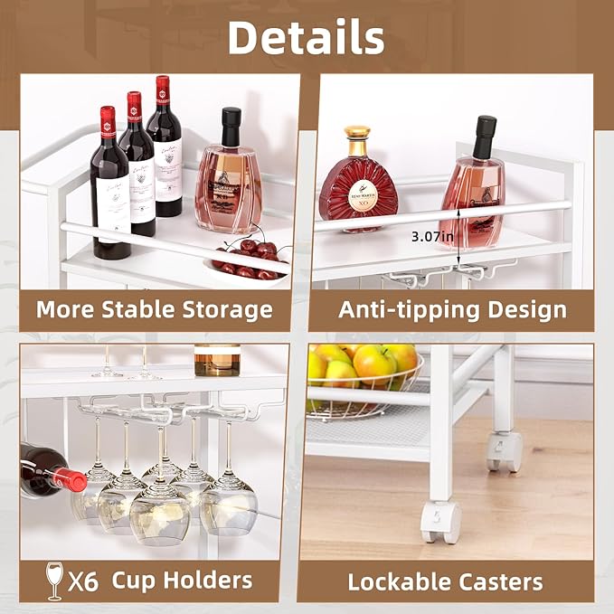 Bar Cart,Home Bar Serving Cart with Storage Shelves, 2 Tier Rolling Beverage Cart with Wheels, Modern Elegant White Wine Cart with Wine Rack and Glass Holder for Kitchen, Dinning Room,Living Room