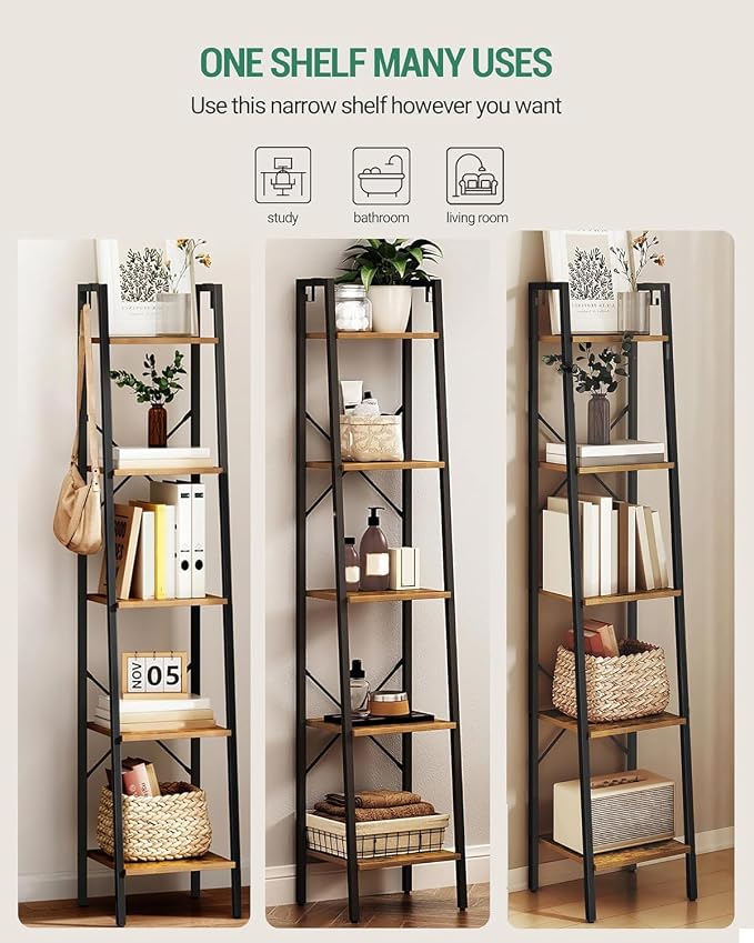 Hzuaneri Ladder Shelf, Bookshelf Bookcase, Freestanding Corner Storage Shelve with 2 Hooks for Home Office, Living Room, Kitchen, Bedroom, Industrial, 11.8" D x 13.4" W x 63" H, Rustic Brown BC03201B