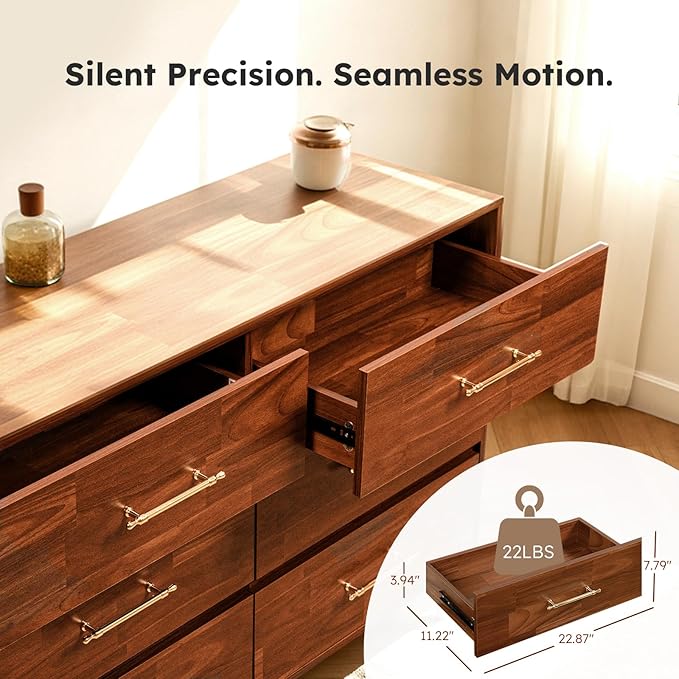 Walnut 6 Drawer Dresser for Bedroom, Modern Brown Wood Chest of Drawers with Wide Storage for Clothes, Closet, or Living Room