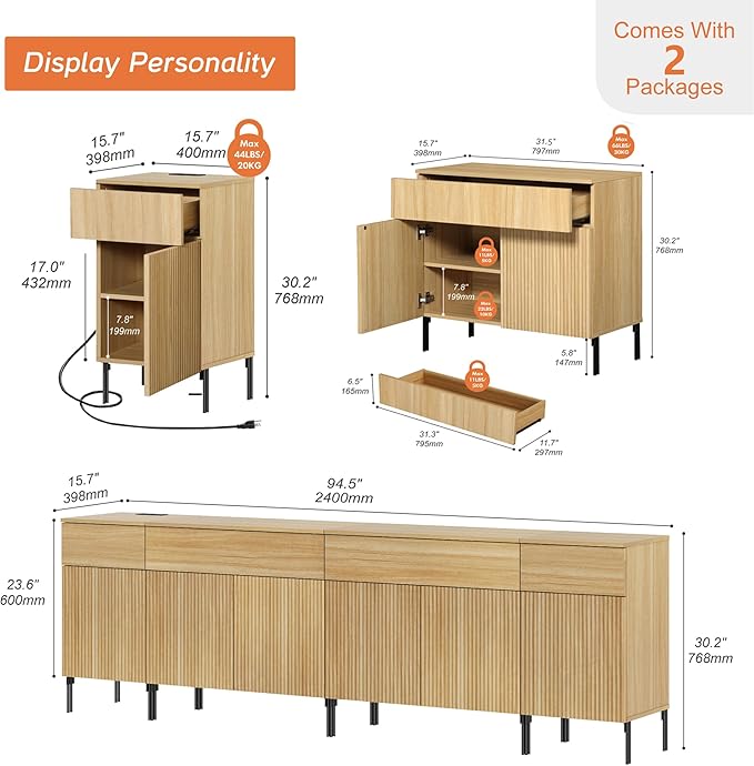 WAMPAT 94.5" Large Sideboard Buffet Cabinet with 4 Drawers & 5 Doors, 4-in-1 Fluted Storage Cabinet with Charging Station, Modern Buffet Table Coffee Bar Wine Bar Cabinet for Dining Room, Oak