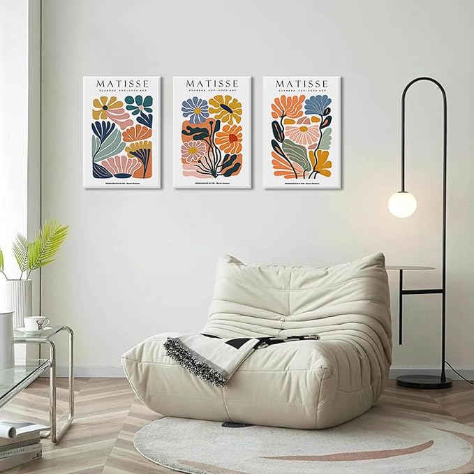 3Pcs Framed 16x24in Matisse Wall Art Canvas Colorful Boho Flower Posters Abstract Pictures Minimalist Plant Leaves Painting Prints Decor Aesthetic for Living Room Bedroom Dorm