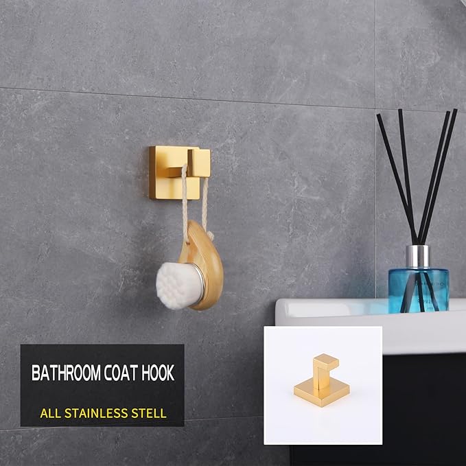 GERZWY Bathroom 3-Piece Hardware Set Gold Stainless Steel - Coat Hook Toilet Paper Holder Towel Ring IG18567-3BE