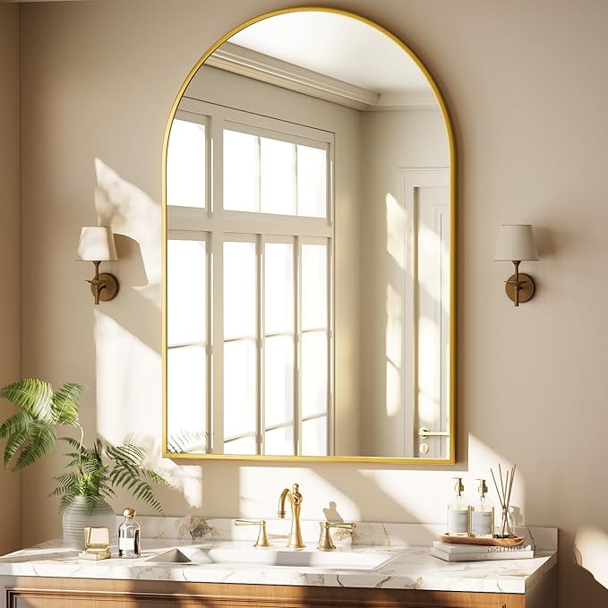 HARRITPURE Arched Bathroom Mirror - 30"x48" Gold Large Wall Mounted Vanity Mirror Aluminum Alloy Frame Arch Wall Mirror for Living Room, Bedroom, Entryway