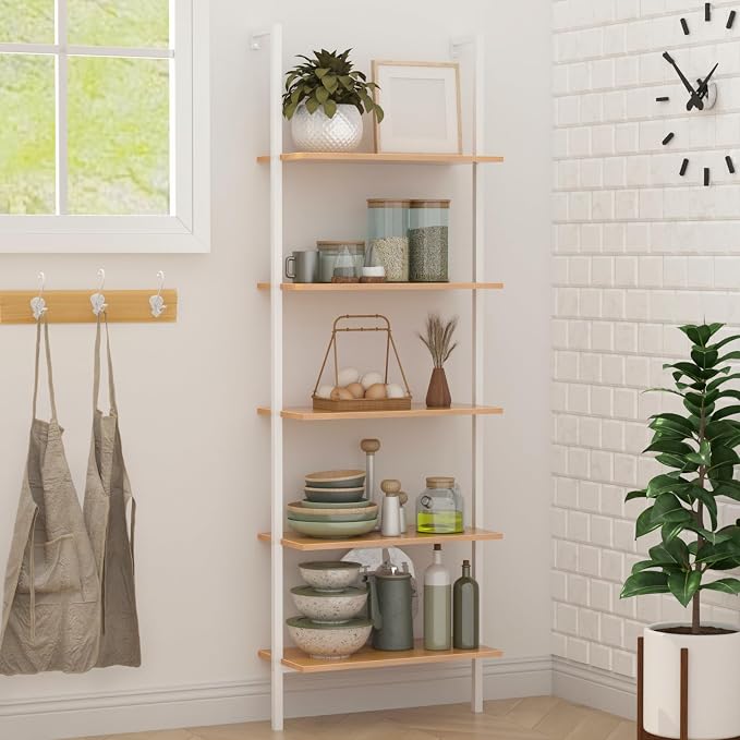 DlandHome Industrial Wall Mounted Shelves 5-Tier Ladder Shelves Bookcase Open Display Shelves with Metal Frame，Teak