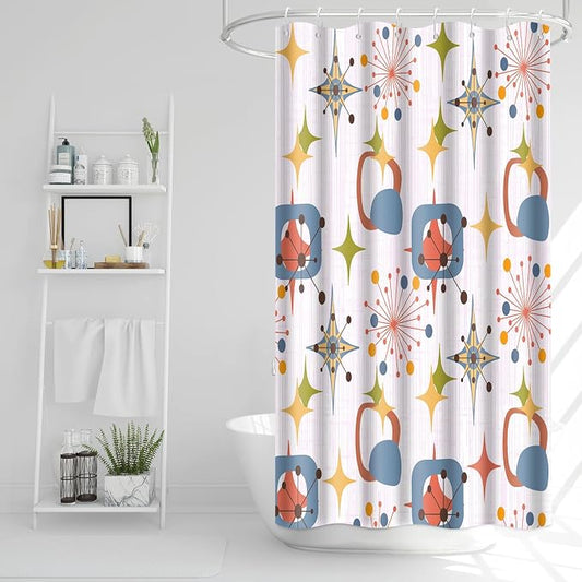 Mid Century Shower Curtain, 36x72inch, Modern Abstract Retro Pink Striped Geometric Shower Curtain Sets 1950s Boho Bathroom Shower Curtain with 6 Hooks