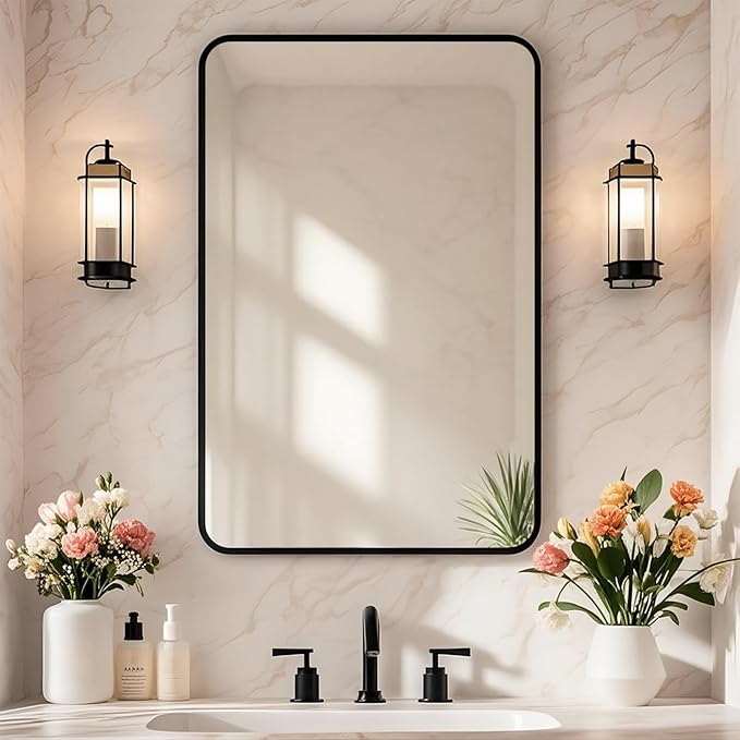 Black Bathroom Mirror 24×36 Inch Rounded Rectangle Wall Mirrors Metal Framed Bathroom Vanity Mirrors Modern Decor for Bedroom, Livingroom (Horizontal/Vertical)