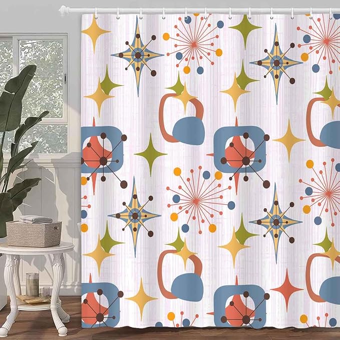 Mid Century Shower Curtain, 72x84inch, Modern Abstract Retro Pink Striped Geometric Shower Curtain Sets 1950s Boho Bathroom Shower Curtain with 12 Hooks