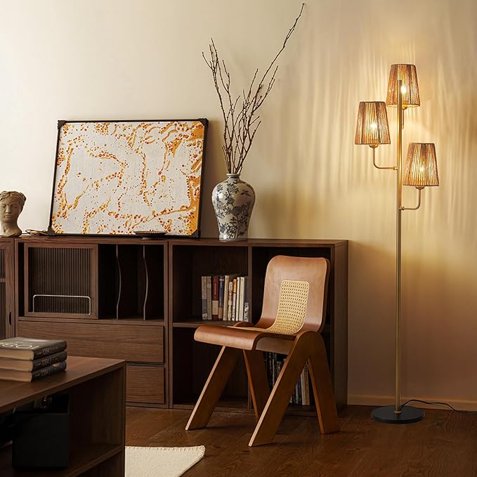 Boho Floor Lamp for Living Room: 3 Light Rattan Floor Lamp for Bedroom, Gold Standing Lamp with Foot Switch, Coastal Rustic Tall Lamp, No Bulb