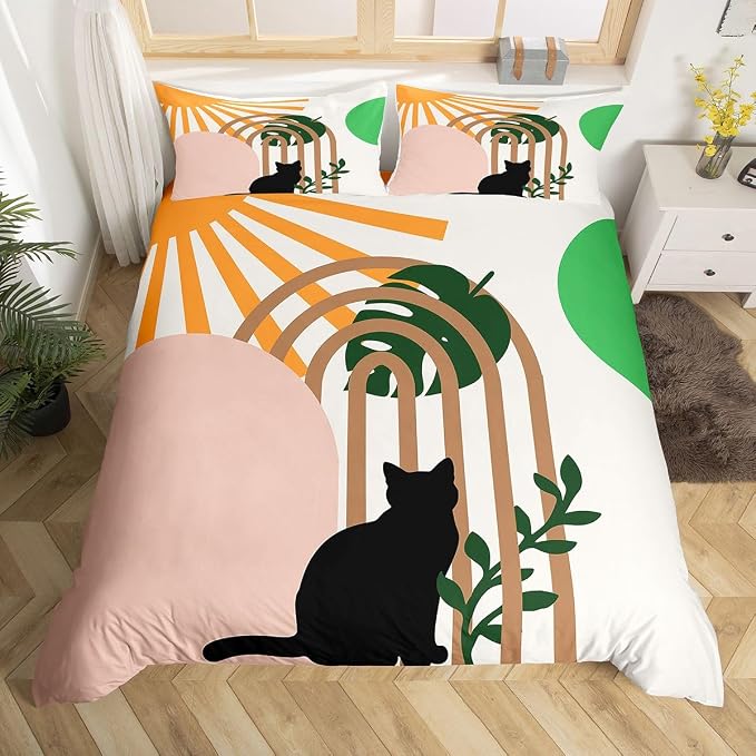 Erosebridal Boho Geometric Duvet Cover Twin Mid Century Abstract Minimalism Bedding Set Funny Cats Animals Comforter Cover for Kids Girls Boys Adults Tropical Palm Leaves Botanical Bed Set