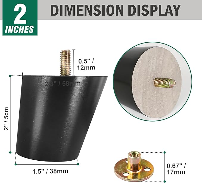 FoDau770 Black Rubber Wood Furniture Legs 2 Inches, Slant Tapered Wood Feet Mid Century Sofa Legs Set of 4, 5/16" UNC Furniture Feet Replacement Parts for Cabinet Couch Dresser Chair Ottoman Table