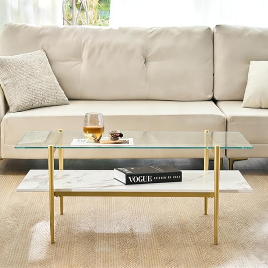 Shrine Rectangle Coffee Table, Mid-Century Modern Design, 2-Tier Structure, Clear Glass Top and White MDF Shelf, 41" D x 21" W x 17" H, Sleek Conical Metal Legs with Gold Finish