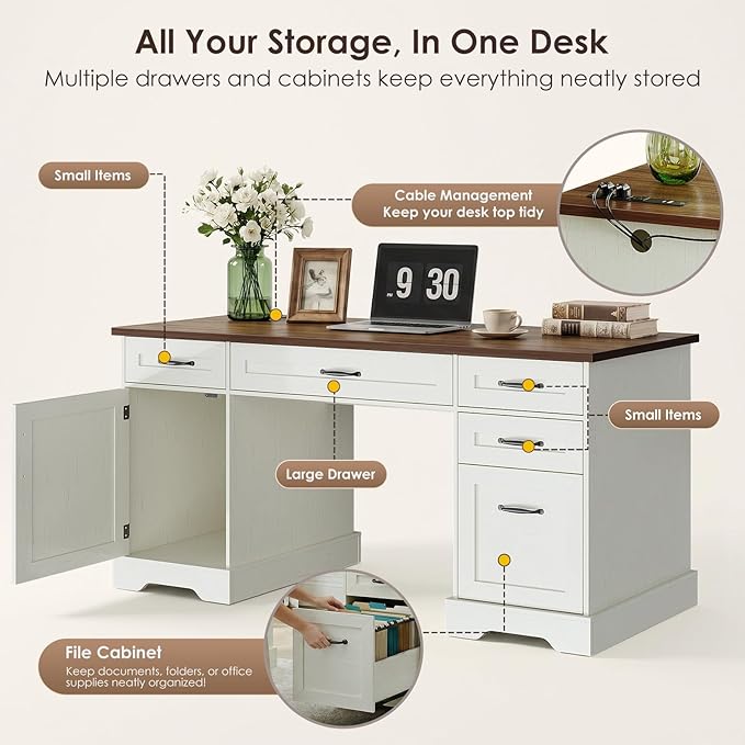 OffiGo 59 Inch Farmhouse Desk with Drawers, Executive Computer Desk with Charging Station, Wood File Cabinet Storage for Home Office, Walnut+White