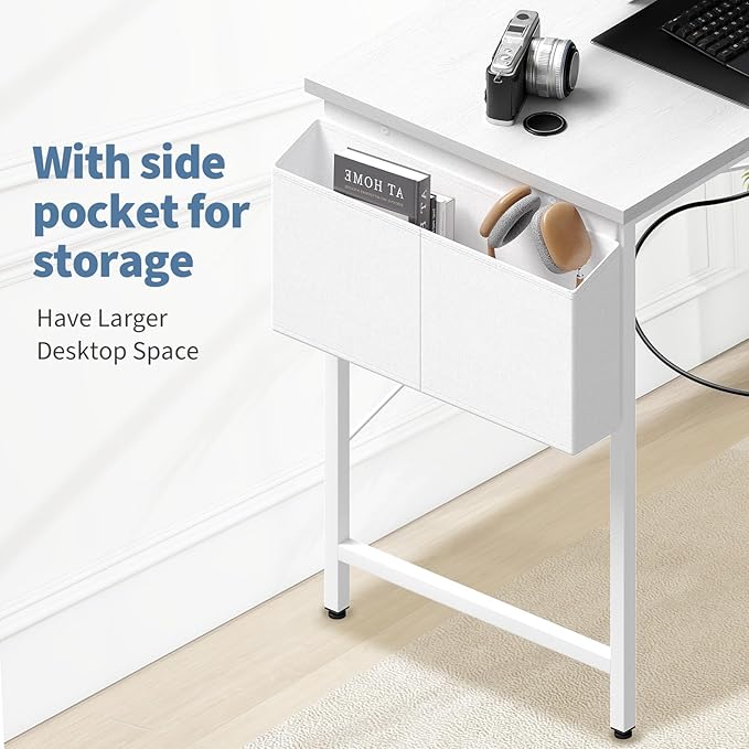 DUMOS 39" Corner Gaming Desk, L Shaped Computer Desk with 3AC+2USB+1Type-C Power Strip, Storage Shelves & Side Hanging Fabric Organizer, White Gaming Workstation for Home Office and Bedroom