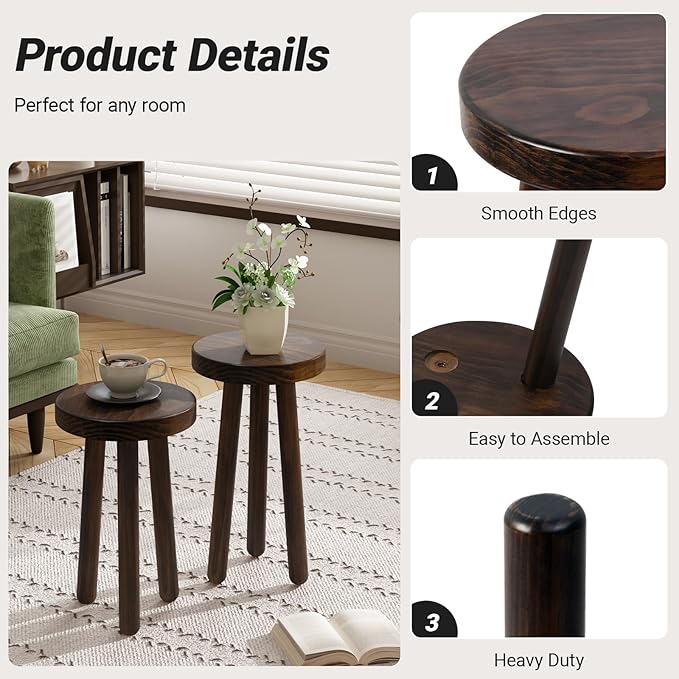 Wood Plant Stand Set of 2 (18+16" Tall) - Dark Walnut Round Solid Wood Plant Stand, Side Table, or Bathroom Stool - Heavy Duty Stool for Small Spaces