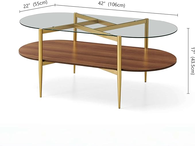 Oval Glass Coffee Table, Mid-Century Modern Design, L42*W22*H17 inch, for Living Room, Clear Glass Top and Walnut Finish Wood Shelf, Conical Metal Legs with Gold Finish