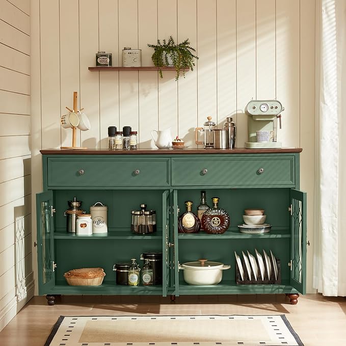 Farmhouse Sideboard Buffet Cabinet with Storage,Adjustable Shelves Console Table,59" Large Credenza with 4 Glass Doors & 2 Drawers,Wood Kitchen Coffee Bar for Dining Room,Living Room,Green