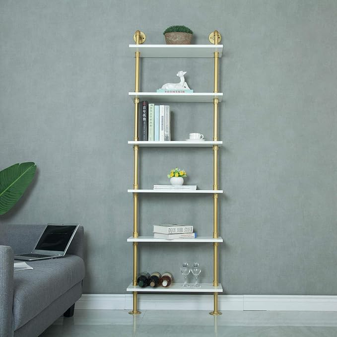 Industrial 6-Tiers Modern Ladder Shelf Bookcase,Wood Storage Shelf,Display Shelving, Wall Mounted Wood Shelves(Gold)